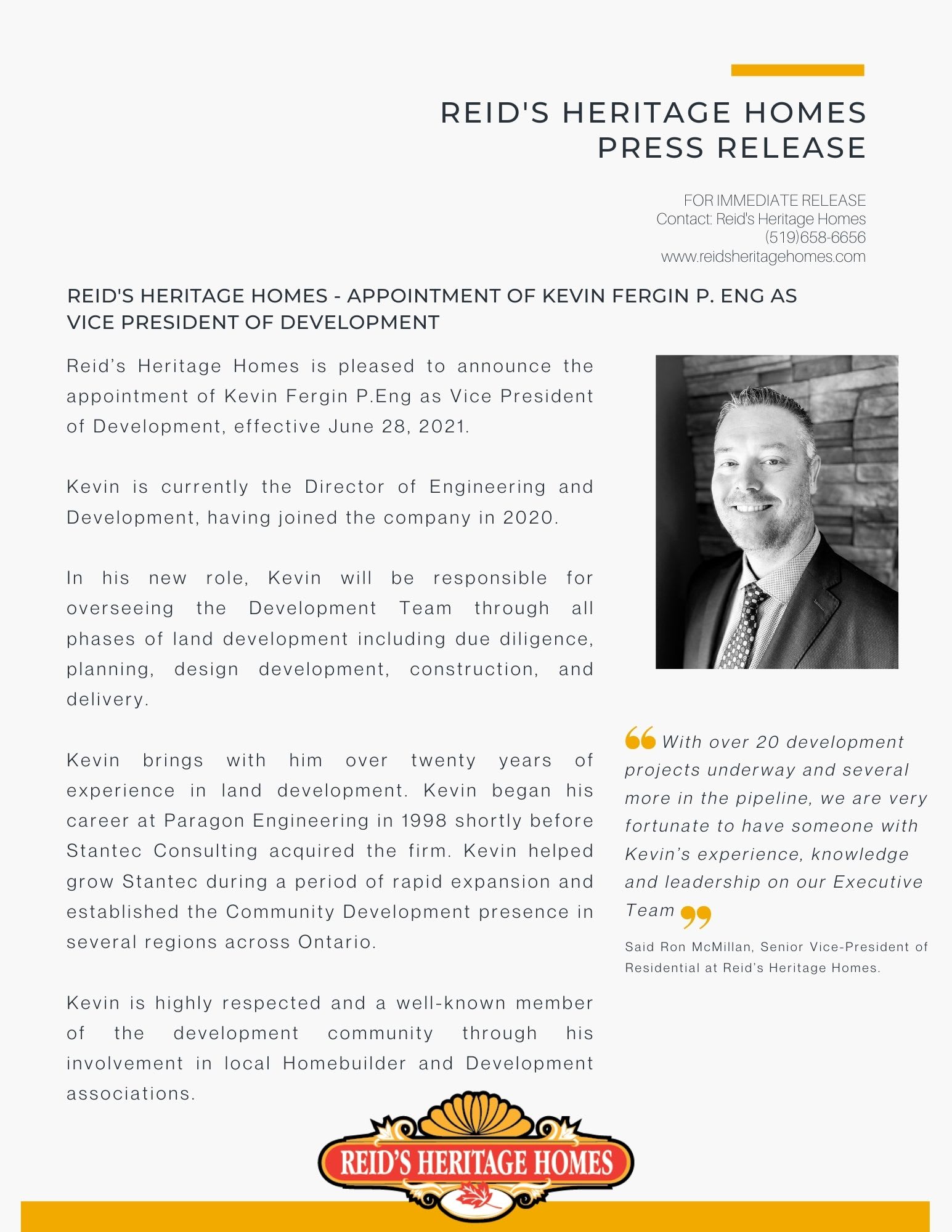 Press Release - Kevin Fergin appointment vice president of development