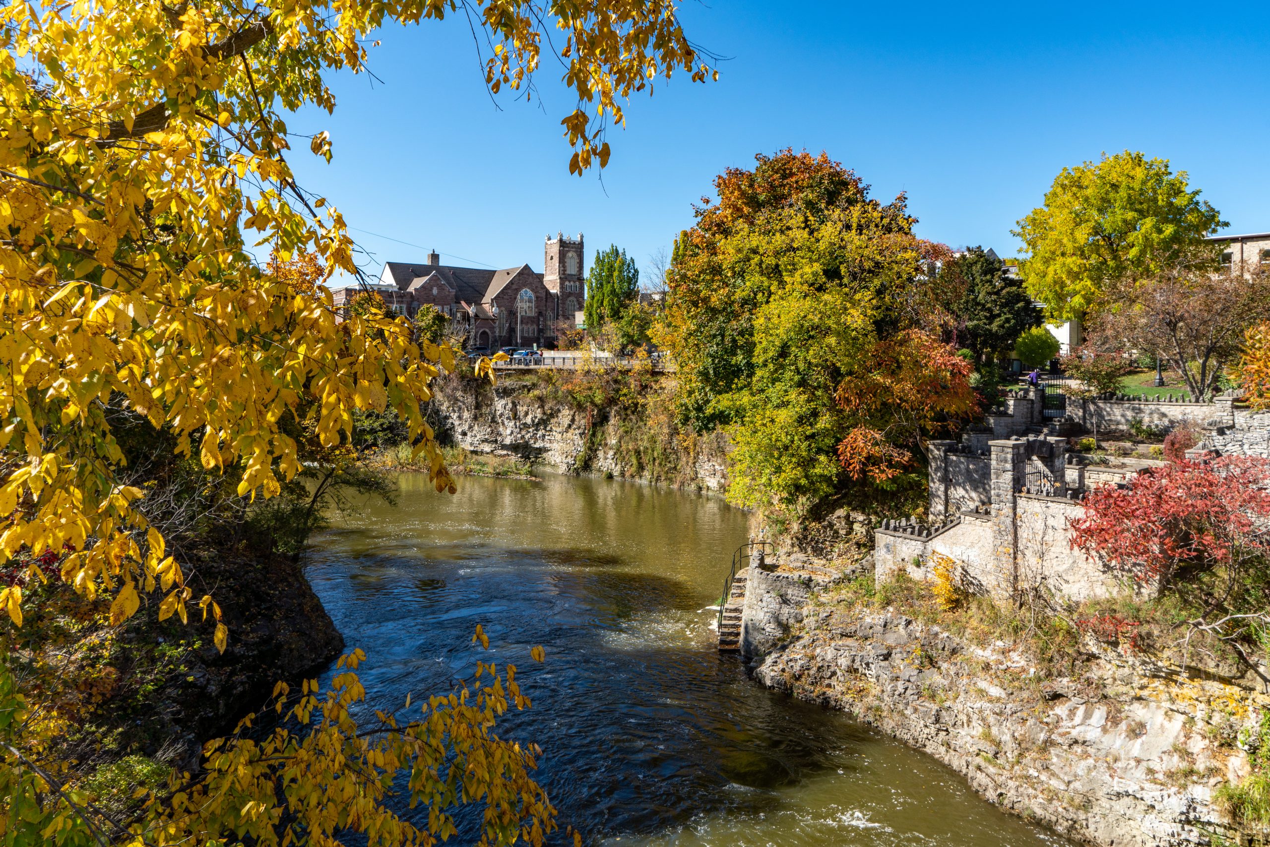Templin Gardens and Grand River view, Downtown Fergus in Wellington County, Ontario, Canada